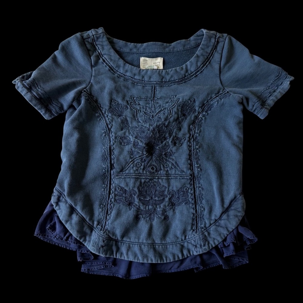 Anthropologie Saturday Sunday Blue Embroidered Ruffle Hem Top XS Cotton Boho
